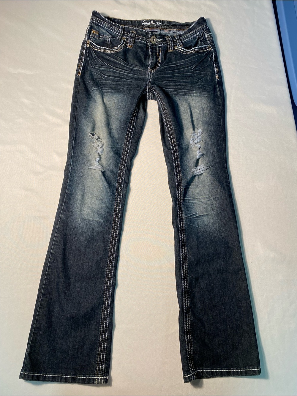 Amethyst Low Rise Bootcut Stretch Jeans - Washed Dark Blue with White Stiching